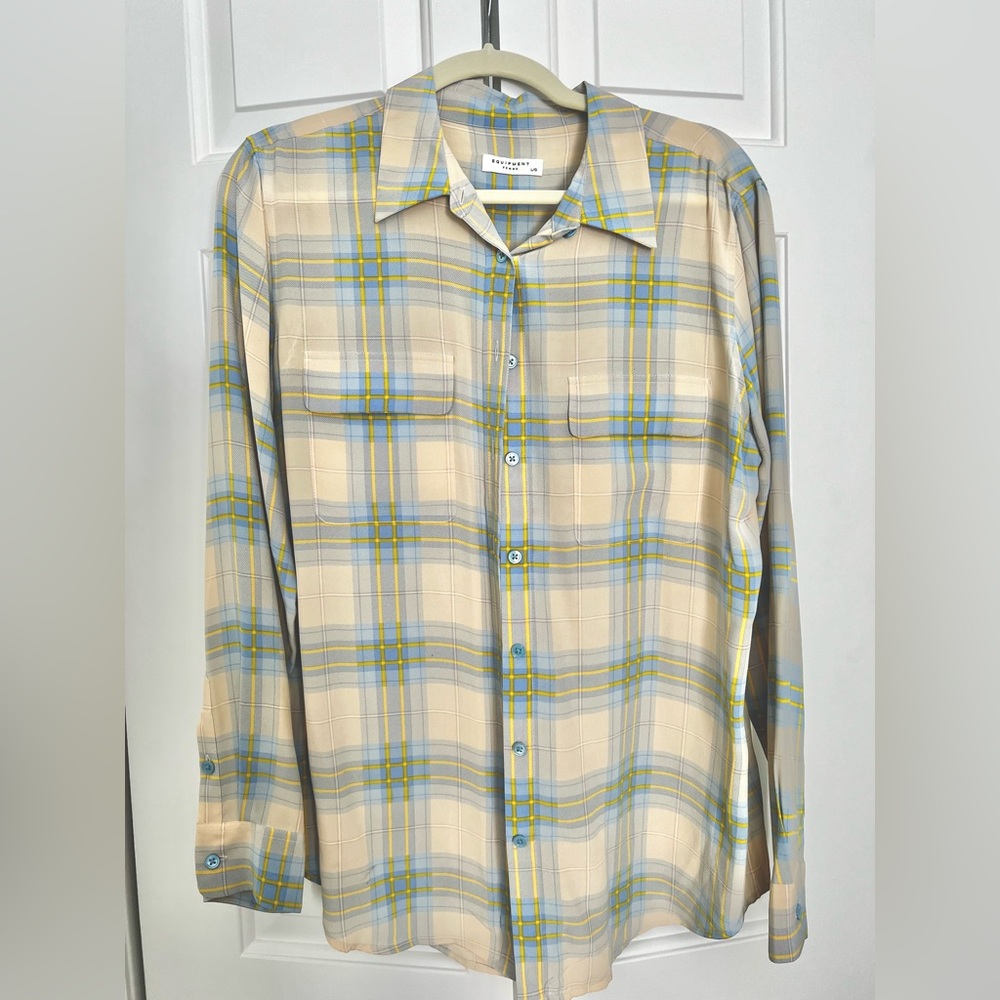 Equipment Beige and Blue Checkered Shirt